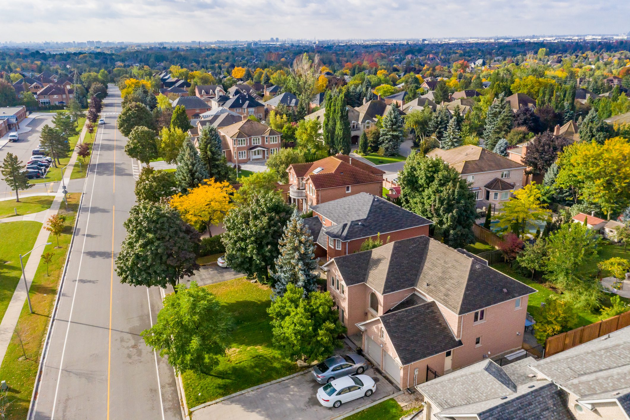 Aerial view of suburban neighborhood with trees.