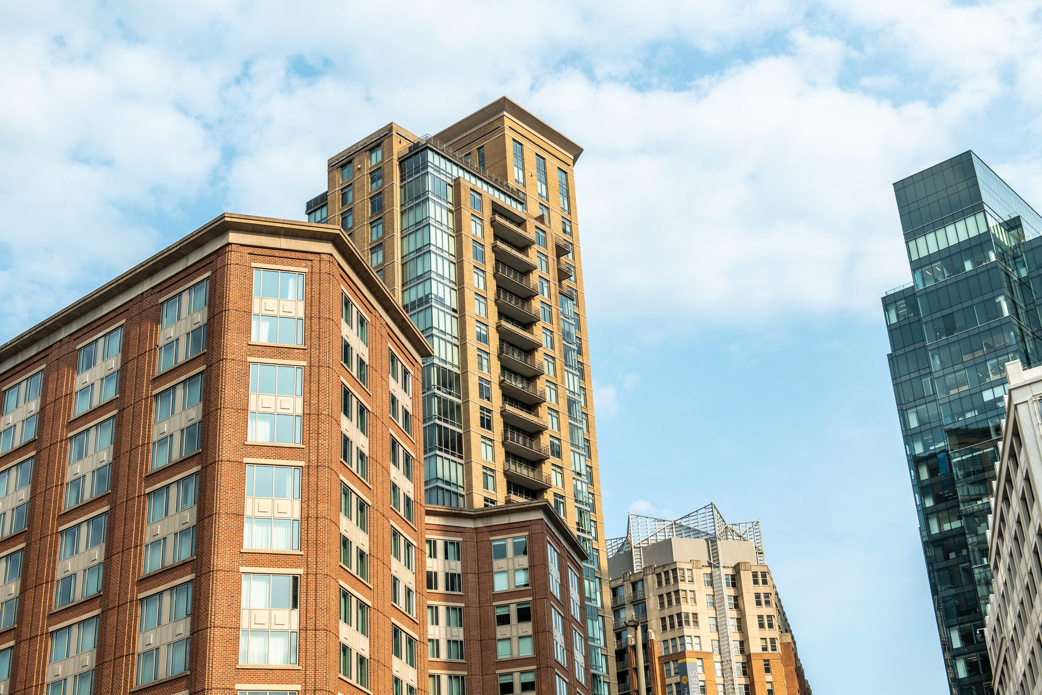 City skyline with modern tall buildings.
