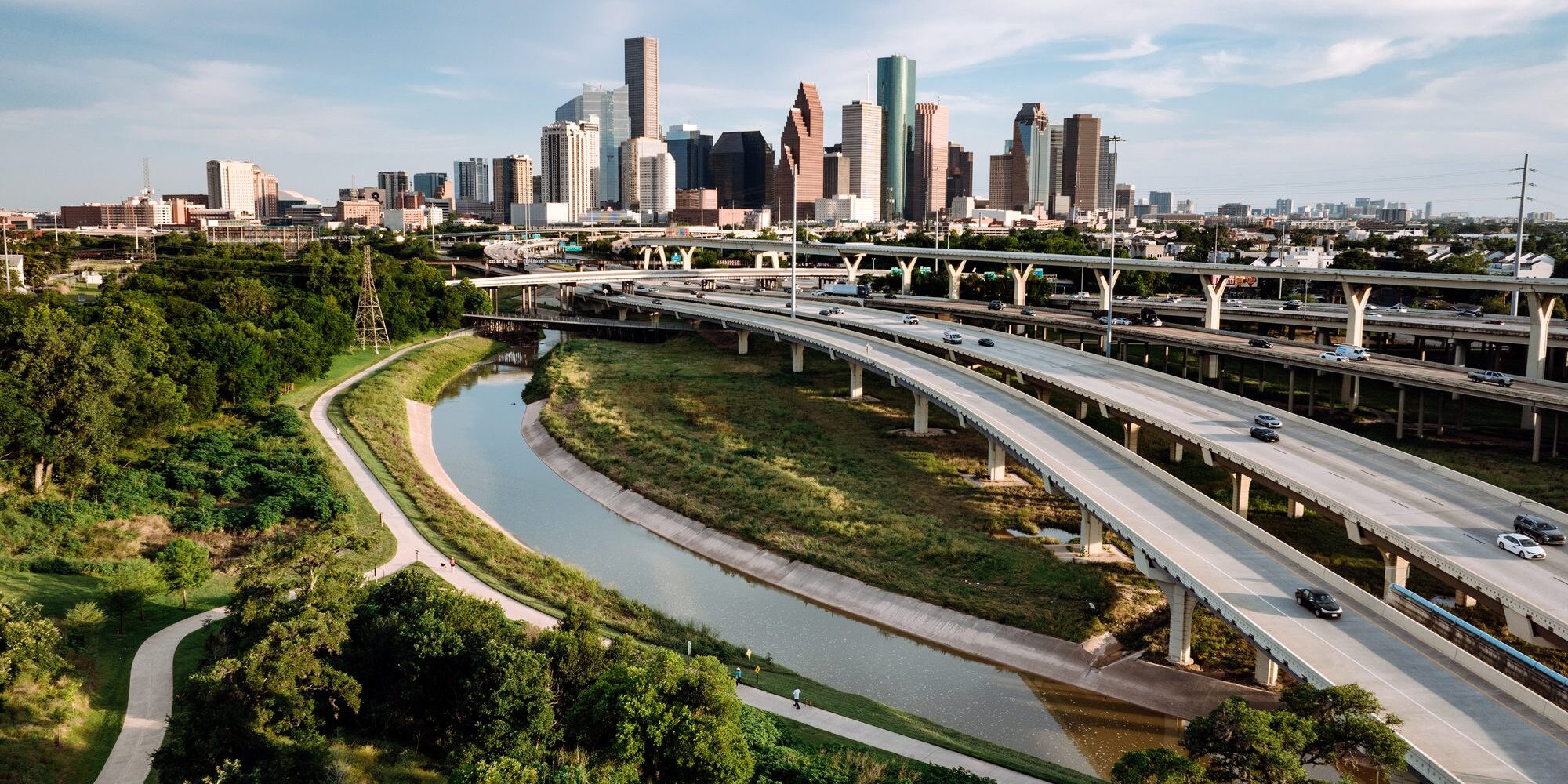 Drone point of view of downtown Houston, Texas, USA at sunset.